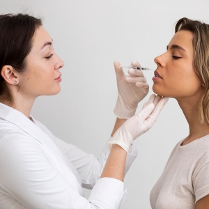 Une femme reçoit un soin du visage par un médecin, discutant des injections pour le double menton.