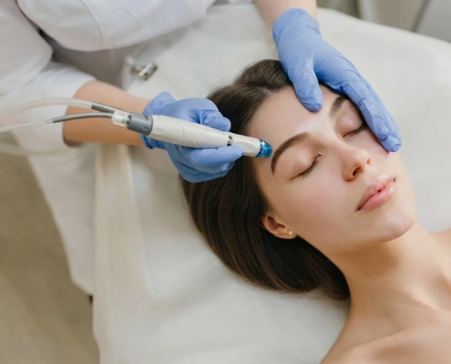 Une femme recevant un soin du visage dans un salon de beauté, détendue sur une table de traitement.