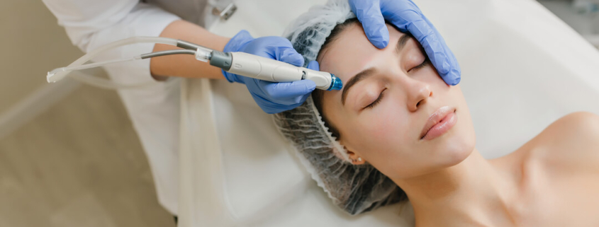 Une femme reçoit un soin du visage dans un salon de beauté, détendue sur une table de traitement.